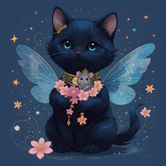 companions for life, black kitten fairy with tiny mouse friend