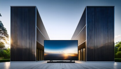 a modern sleek facade of a building with a large flat screen television placed directly on the ground its screen displaying a vibrant high contrast image surrounded by two thin tall vertically