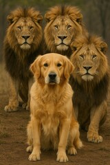 a dog with three lions in background 