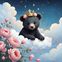 Adorable royal black bear cub floating on a cloud, pink flowers blooming