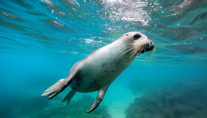 Obraz premium close up of a playful seal swimming underwater in crystal clear turquoise water capturing the beauty of marine life