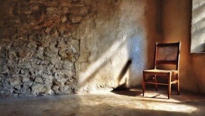 Wooden Chair in a Stone Room Bathed in Sunlight