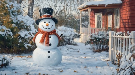 Naklejka premium A winter scene with a friendly snowman by a red house.