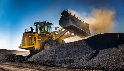 a large yellow bulldozer is moving a load of black coal up a stockpile at an open cut mine with dust rising into the air and soft light catching the scene