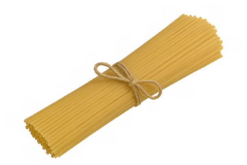 Bundle of dry spaghetti tied with string isolated on transparent background, ready for cooking