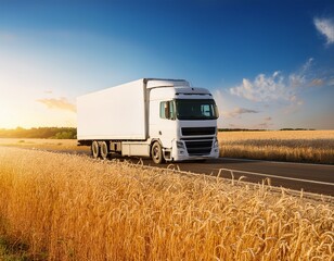a white cargo truck drives along a rural road through a golden wheat field concept of logistics agriculture and sustainable delivery