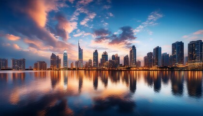 Obraz premium a twilight sky with scattered clouds hangs above a cityscape where illuminated skyscrapers are reflected in calm water