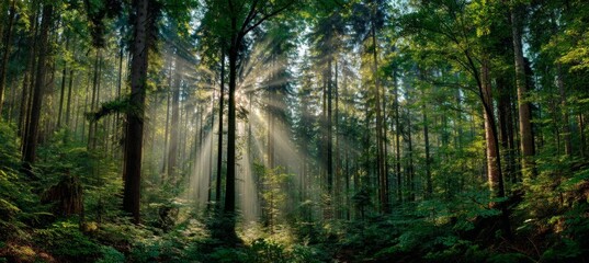 Sunbeams Streaming Through Lush Green Forest