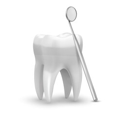 3d tooth and dental mouth mirror isolated on a white background. Dentistry design with 3d tooth and dental mouth mirror