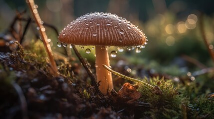 A mushroom with raindrops on it