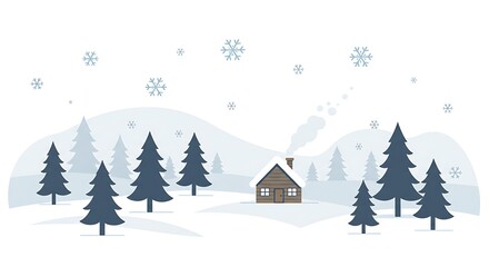 Minimal Vector Winter Scene with Cabin, Pine Trees and Snowflakes on White Background