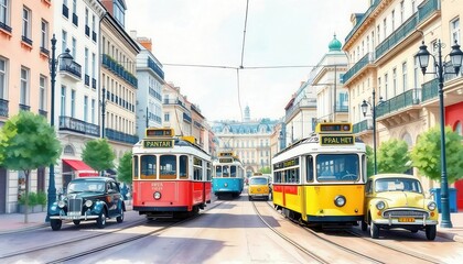 Vintage Trams and Classic Cars on a Charming European Street