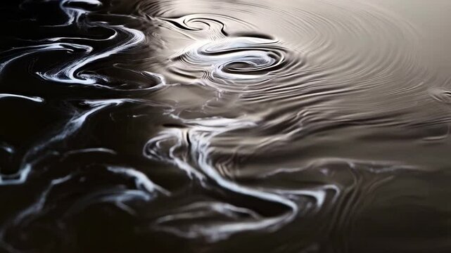 Abstract shot of reflective liquid with textured ripples and smoke-like swirls, creating mesmerizing black and white organic patterns