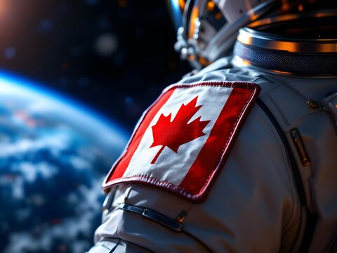 Astronaut with Canadian flag patch floating above Earth - Powered by Adobe