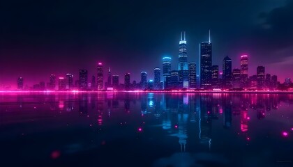 Obraz premium Futuristic Neon Cityscape with Abstract Waves and Digital Glow - AI Generated Art 