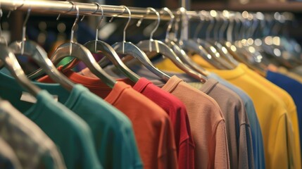 Fototapeta premium Bright wardrobe rack displays a rainbow of vibrant clothes, perfect for fashion inspiration and unique styling ideas.