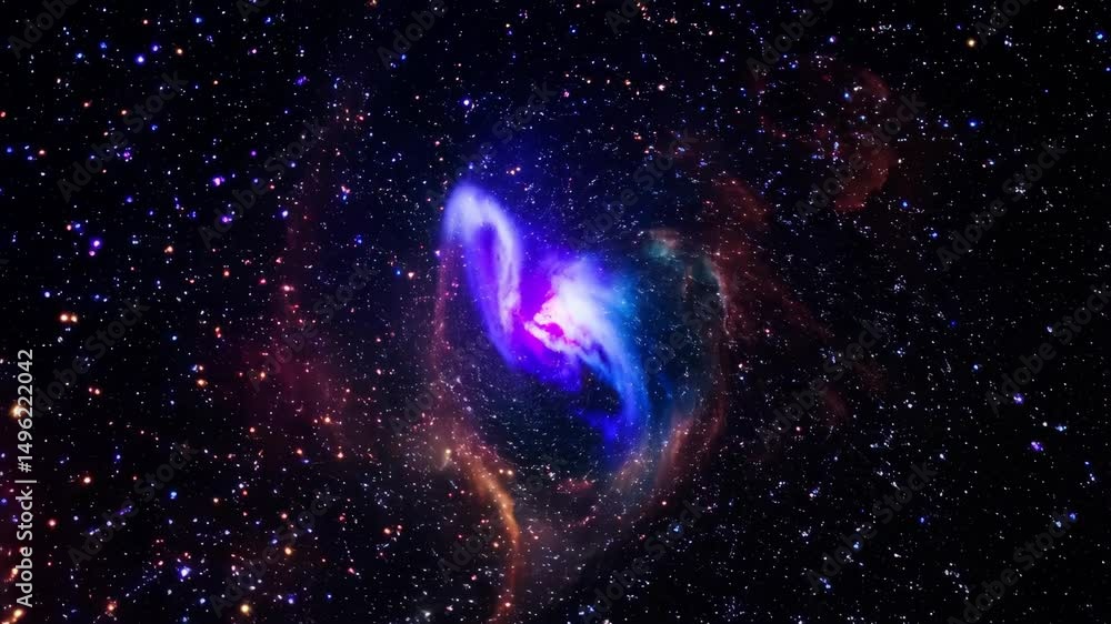 Poster vivid space nebula with cosmic dust and gas clouds on a field of stars in deep space, interstellar c