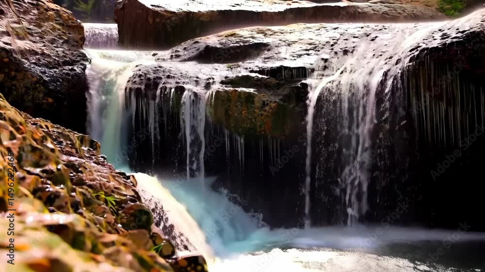Aufkleber waterfall cascades over mossy rocks into a shallow pool, creating an idyllic nature scene with flowi
