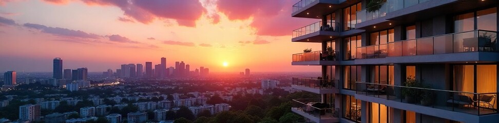 Fototapeta premium Modern condominium building complex with balconies overlooking a cityscape at sunset Luxury apartments, urban living, real estate development , downtown, facade, city