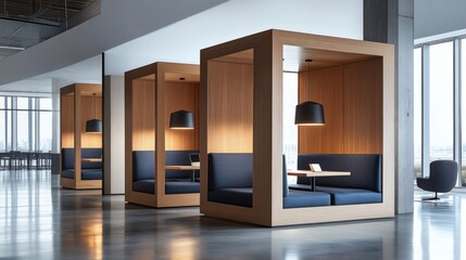 Modern office interior with minimalist furniture, blue doors, plants, and gray flooring in open-plan layout with natural light


