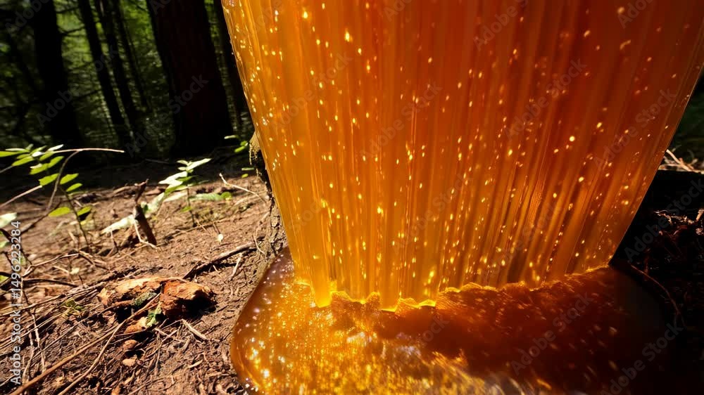 Poster abstract shimmering honey-colored resin oozing from tree trunk in a forest with ground soil and gree