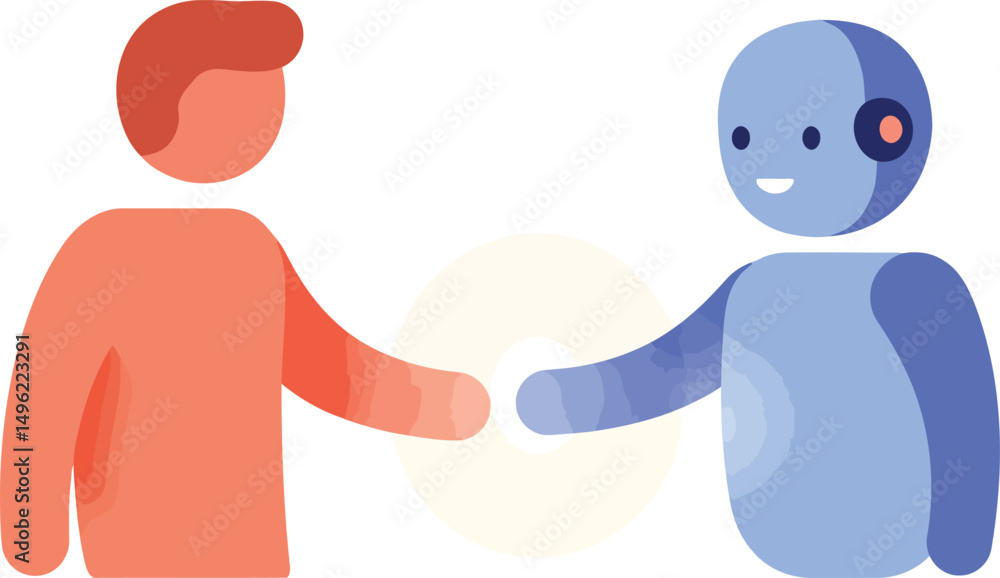 Poster human and friendly robot shaking hands in simple flat style vector illustration for collaboration co