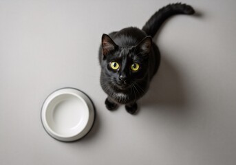 Black cat looking up next to an empty food bowl on a gray floor, waiting for food and looking with curiosity. Animal care