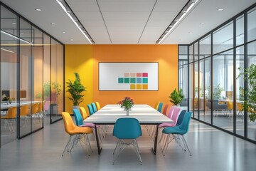 Fototapeta premium Modern office interior with minimalist furniture, blue doors, plants, and gray flooring in open-plan layout with neutral tones and natural lighting. 3D Rendering,