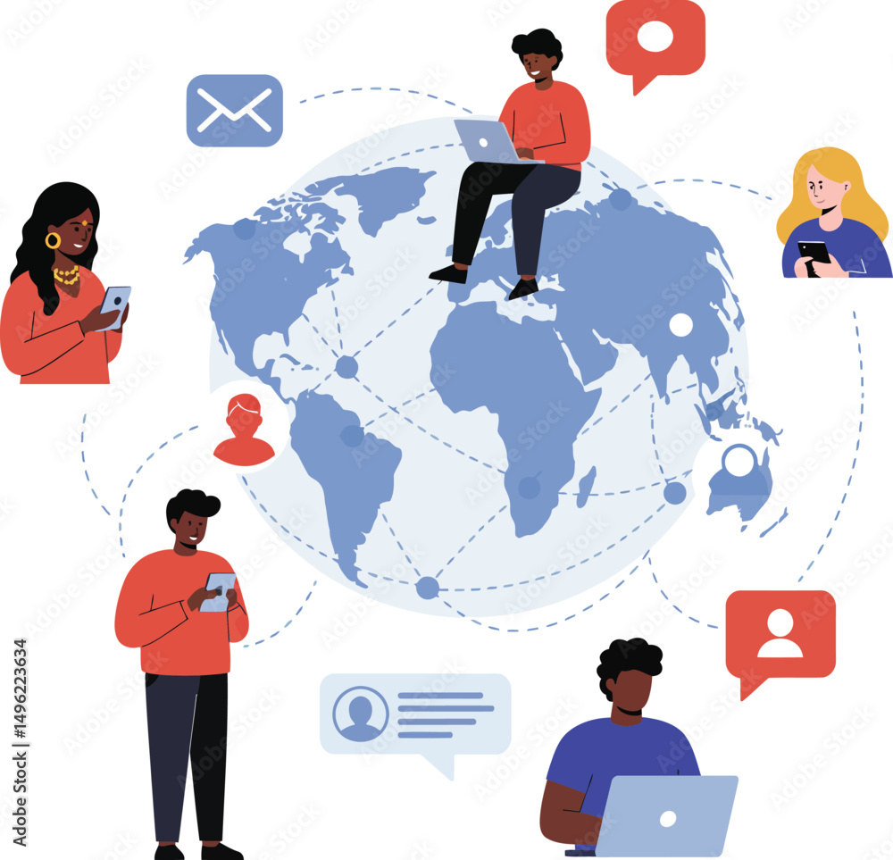 Aufkleber global communication network with diverse people using digital devices and social media icons for on