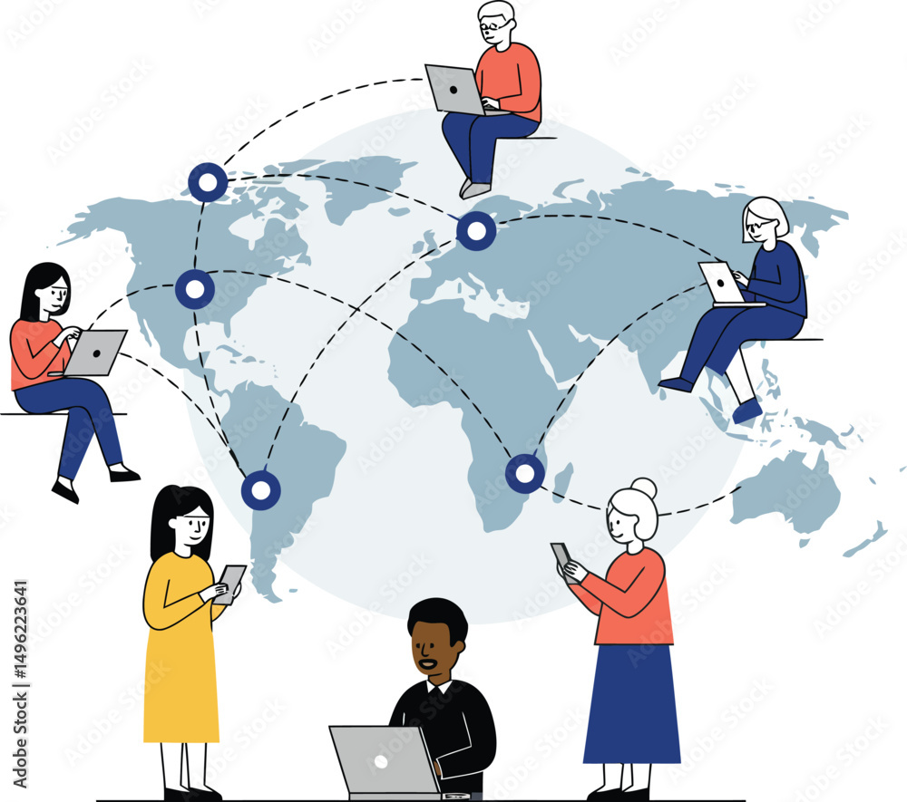 Aufkleber global network connection people using laptops and smartphones on world map digital communication co