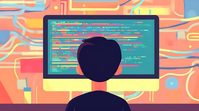 Coder at Computer with Circuit Background. - Powered by Adobe