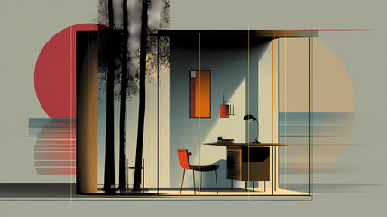 Light office room behind glass doors, panoramic windows and mockup. minimalist. Illustration