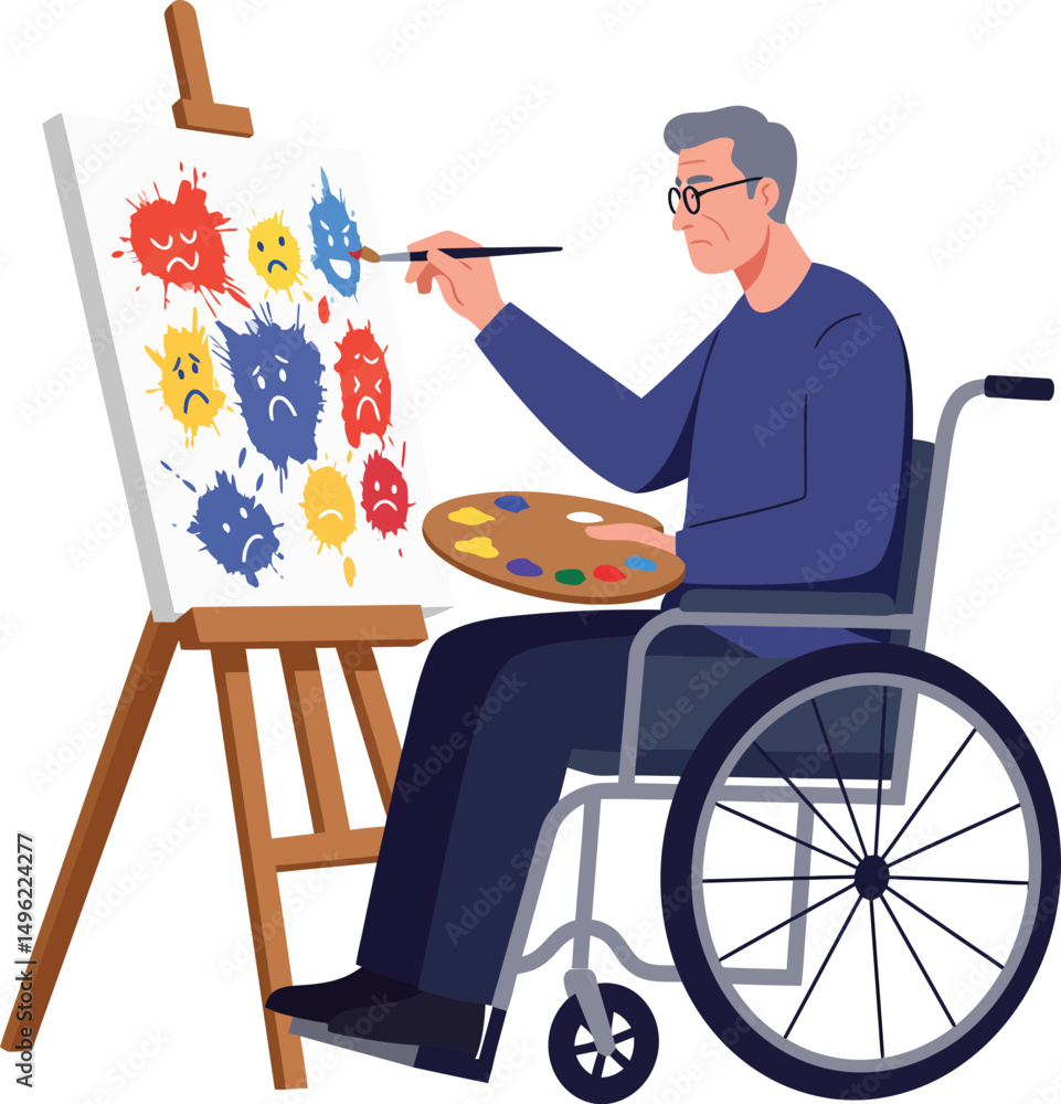 Poster disabled man painting colorful abstract faces on canvas in wheelchair creating art and expressing em
