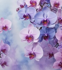 Naklejka premium Delicate blue watercolor wash background features vibrant Phalaenopsis orchids in various shades of purple and pink , blossom, Philippines