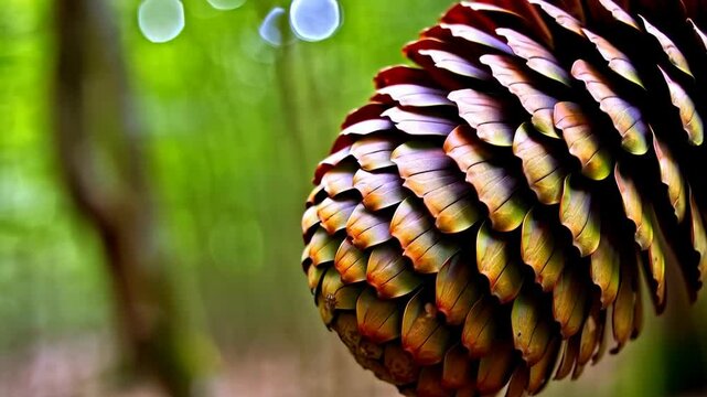 Close-up of large pinecone hanging in a forest with blurred green background and beautiful bokeh circles.