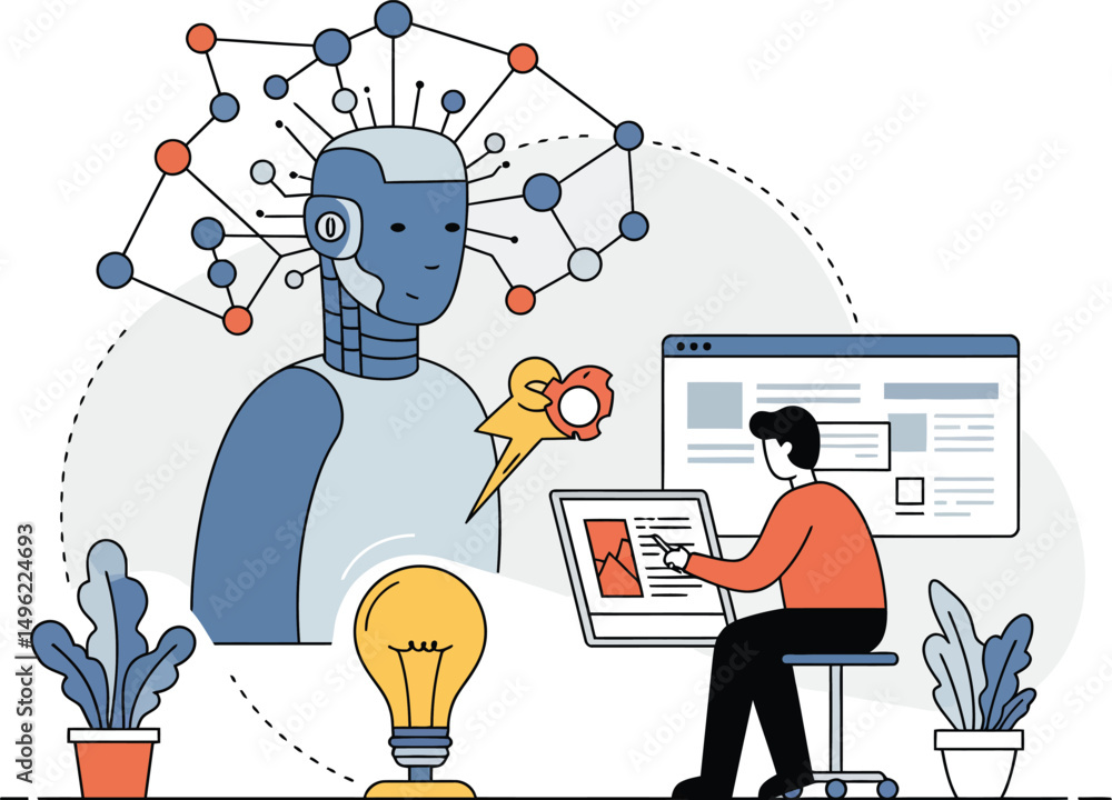 Poster artificial intelligence robot with neural network and man working on laptop technology innovation co