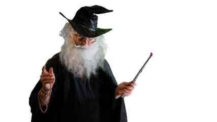 Wizard old man casting spell with magic wand