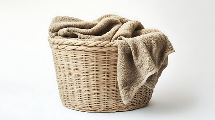 Basket with clean towels isolated on white background. Clipping path