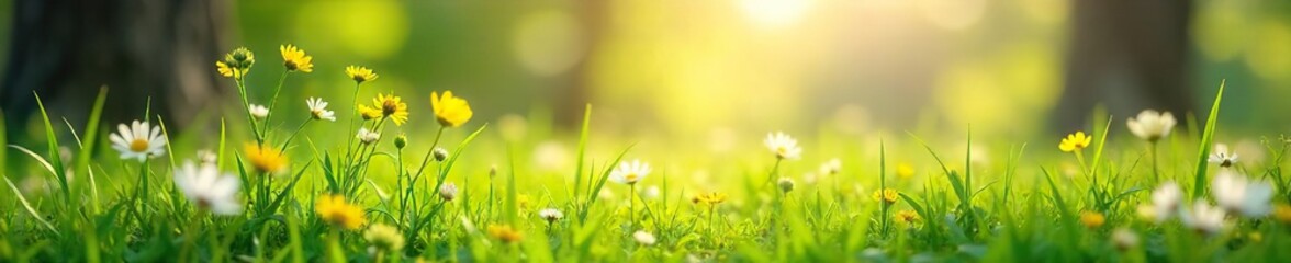 Fresh green grass, blooming wildflowers, and a gentle spring breeze  Sunlight filters through budding trees, creating a vibrant, peaceful scene  Perfect for spring themes ,  pastel,  botany,  vibrant
