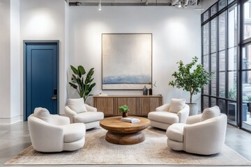 Modern office interior with minimalist furniture, blue doors, plants, and gray flooring in open-plan layout with natural light


