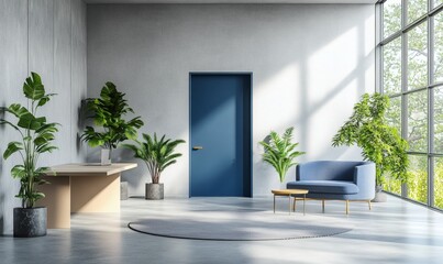 Fototapeta premium Modern office interior with minimalist furniture, blue doors, plants, and gray flooring in open-plan layout with natural light