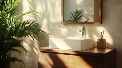 Fototapeta premium Bathroom interior with white bathtub, mirror and plants.