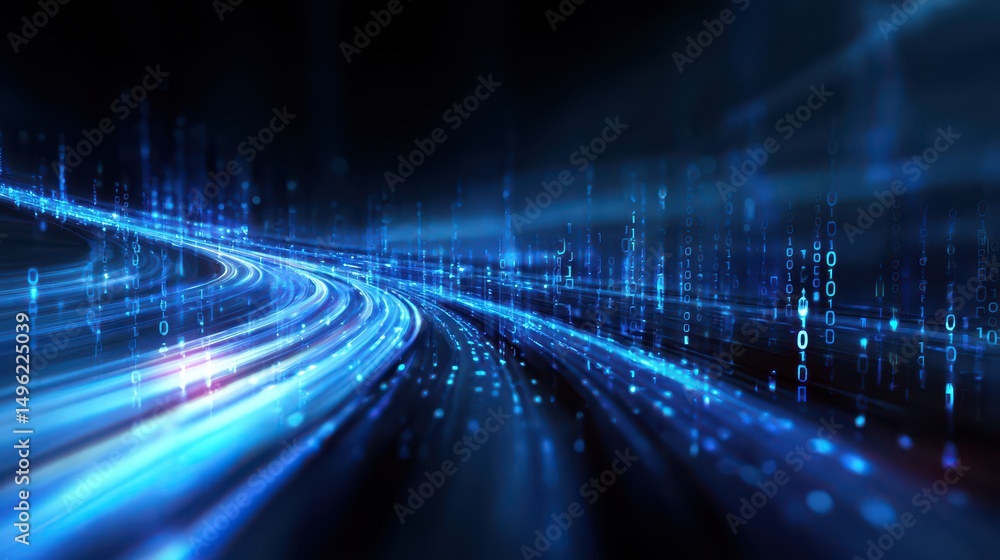 Fototapete Futuristic abstract background with glowing blue light trails and binary numbers flowing through dark space representing data transmission and technology concepts