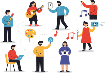 Fototapeta premium Group of diverse people enjoying music playing instruments singing and recording vector illustration 