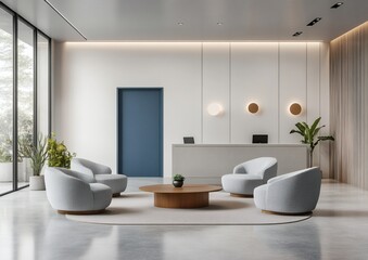 Modern office interior with minimalist furniture, blue doors, plants, and gray flooring in open-plan layout with neutral tones and natural lighting. 3D Rendering,


