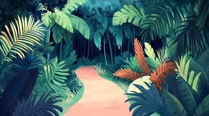 Lush tropical path winding through a dense jungle.