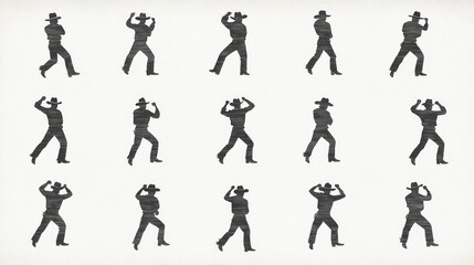Cowboy walk cycle animation, various poses, neutral background, for animation or game design