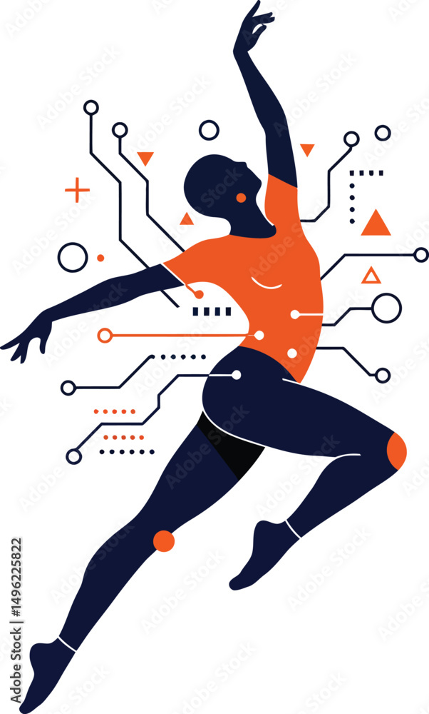 Poster abstract digital technology inspired ballet dancer silhouette in dynamic pose with circuit board ele