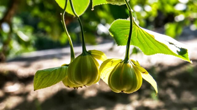 Closeup of blooming Abelmoschus moschatus plant featuring pendulous flowers and lush green leaves illuminated by soft, diffused natural sunlight