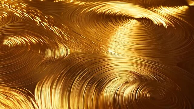Abstract golden circular lines with wavy pattern and smooth reflective surface, luxurious background